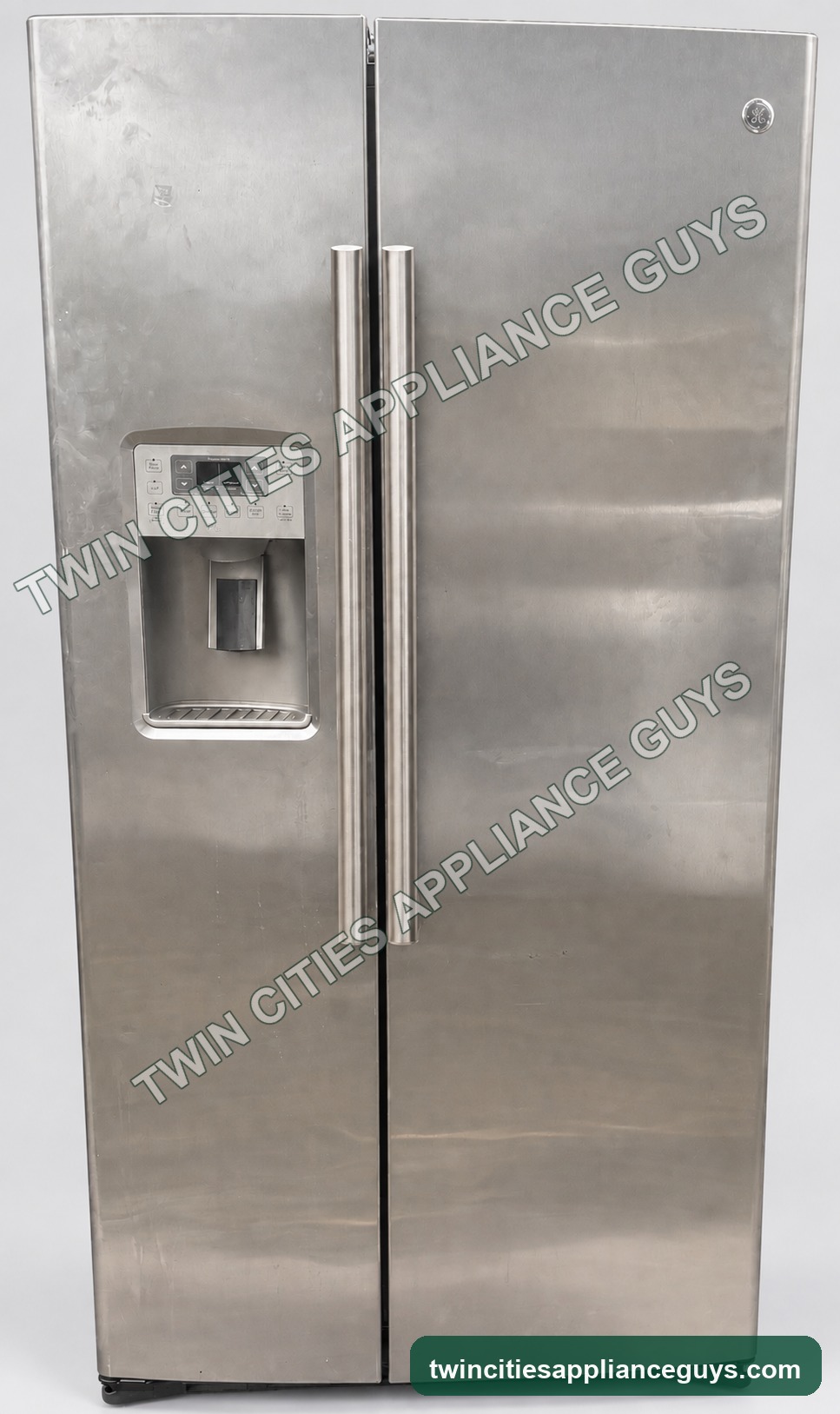 Front view of the GE Profile stainless side-by-side refrigerator