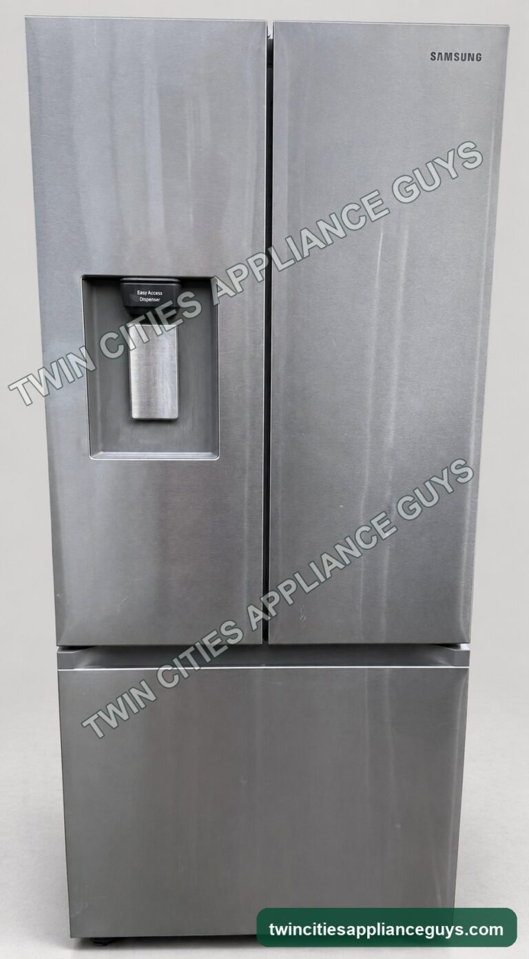 Samsung stainless French-door refrigerator front with external water dispenser