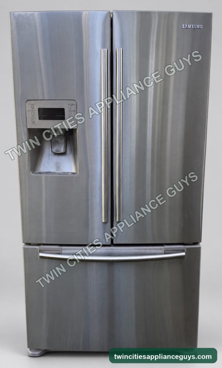 Front view of Samsung stainless steel French-door refrigerator