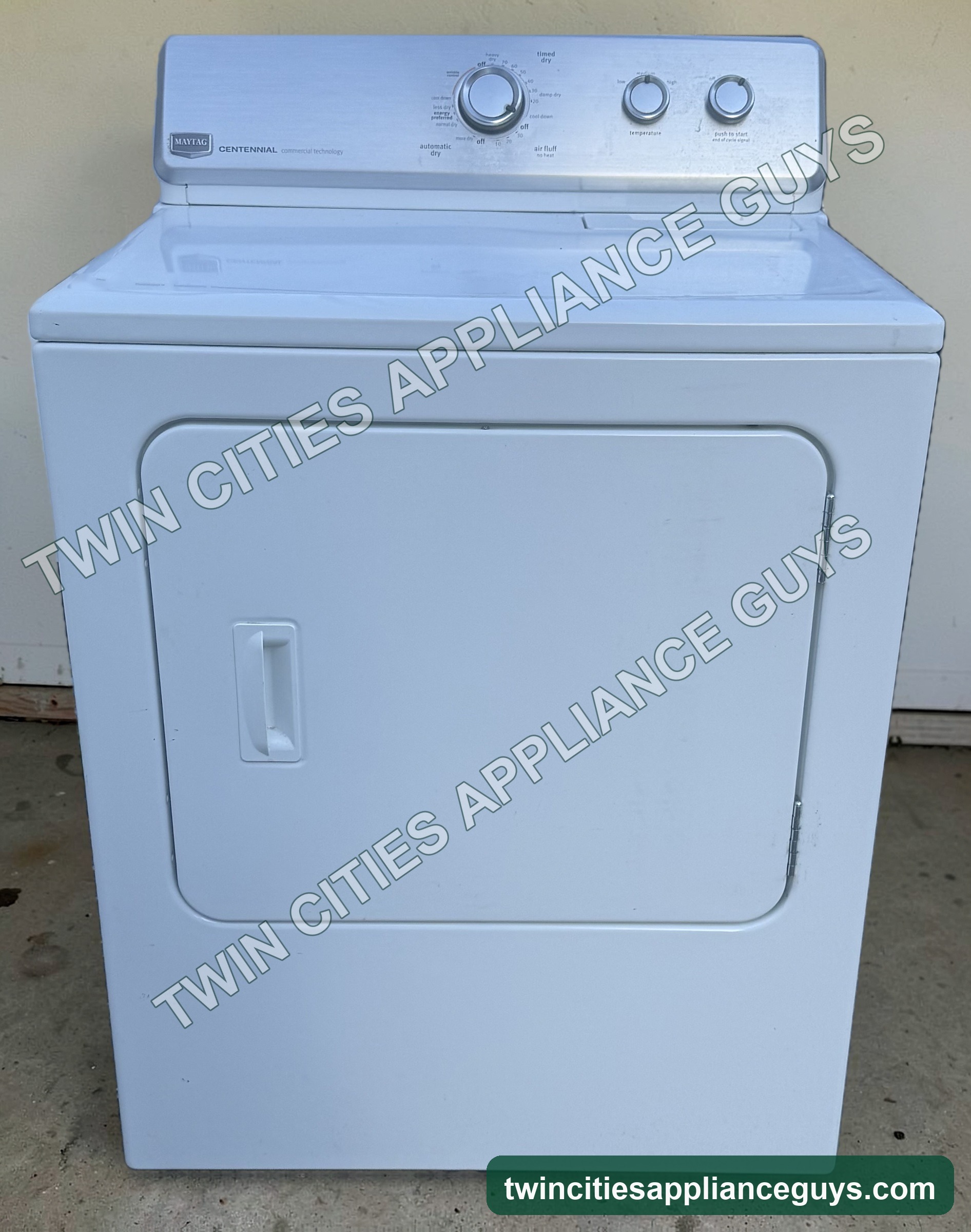 Maytag white electric dryer front view with control panel