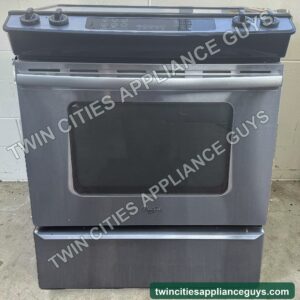 Whirlpool stainless slide-in electric range front view with oven door and control knobs