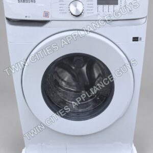 Front view of white Samsung front-load washer