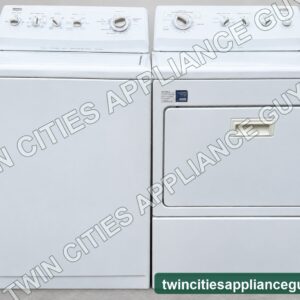 White Kenmore top-load washer and electric dryer set side by side, front view