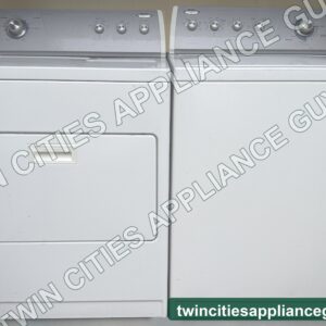 Whirlpool electric dryer and top-load washer side by side, front view