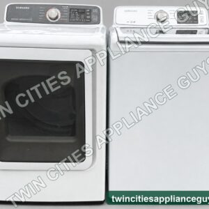 Front view of Samsung white top-load washer and gas dryer set