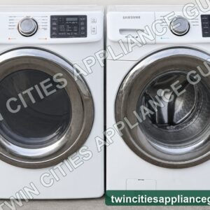 White Samsung front-load washer and gas dryer set, front view