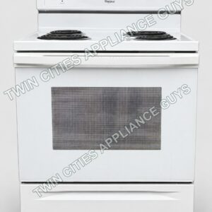 Front view of the white Whirlpool electric coil range
