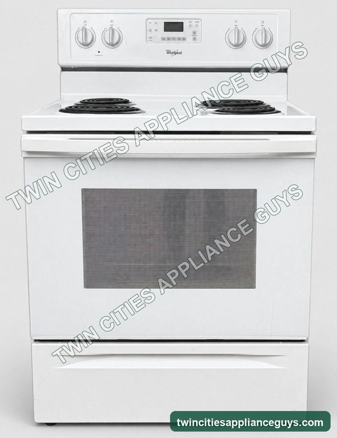 Front view of the white Whirlpool electric coil range