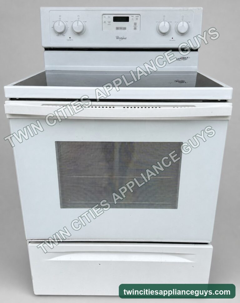 Whirlpool white electric range, front view