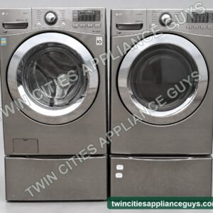 LG front-load washer and electric dryer set with pedestals