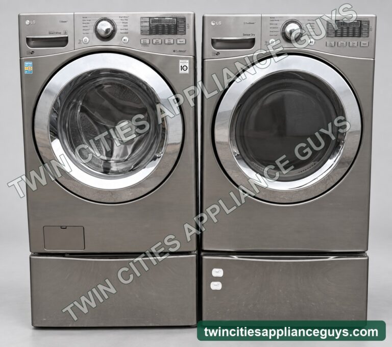 LG front-load washer and electric dryer set with pedestals