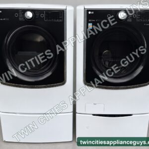 LG white front-load washer and electric dryer set shown from front