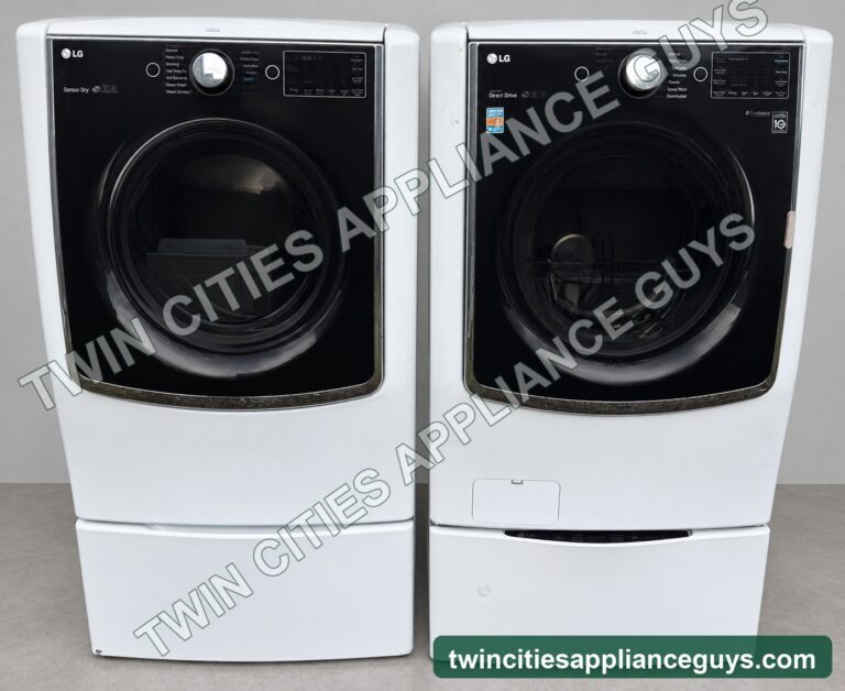 LG white front-load washer and electric dryer set shown from front