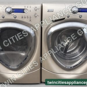 GE Profile champagne washer and gas dryer shown together from the front