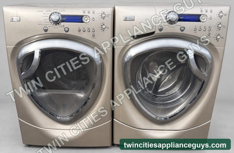 GE Profile champagne washer and gas dryer shown together from the front