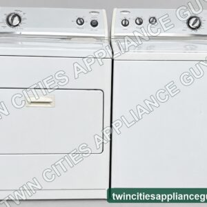 Whirlpool top-load washer and electric dryer set front view