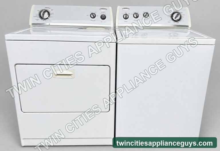 Whirlpool top-load washer and electric dryer set front view
