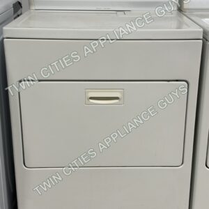 White Kenmore electric dryer front view with the door closed and control panel