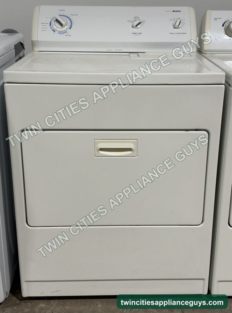 White Kenmore electric dryer front view with the door closed and control panel
