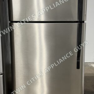 Stainless Kenmore top-freezer refrigerator, front view with both doors closed