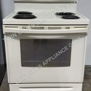 Bisque Kenmore electric range front view with four coil elements and the oven door closed