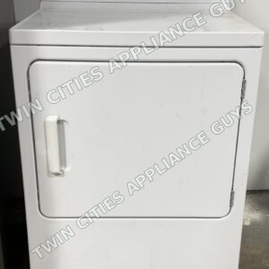 White GE electric dryer, front view with control panel and closed door