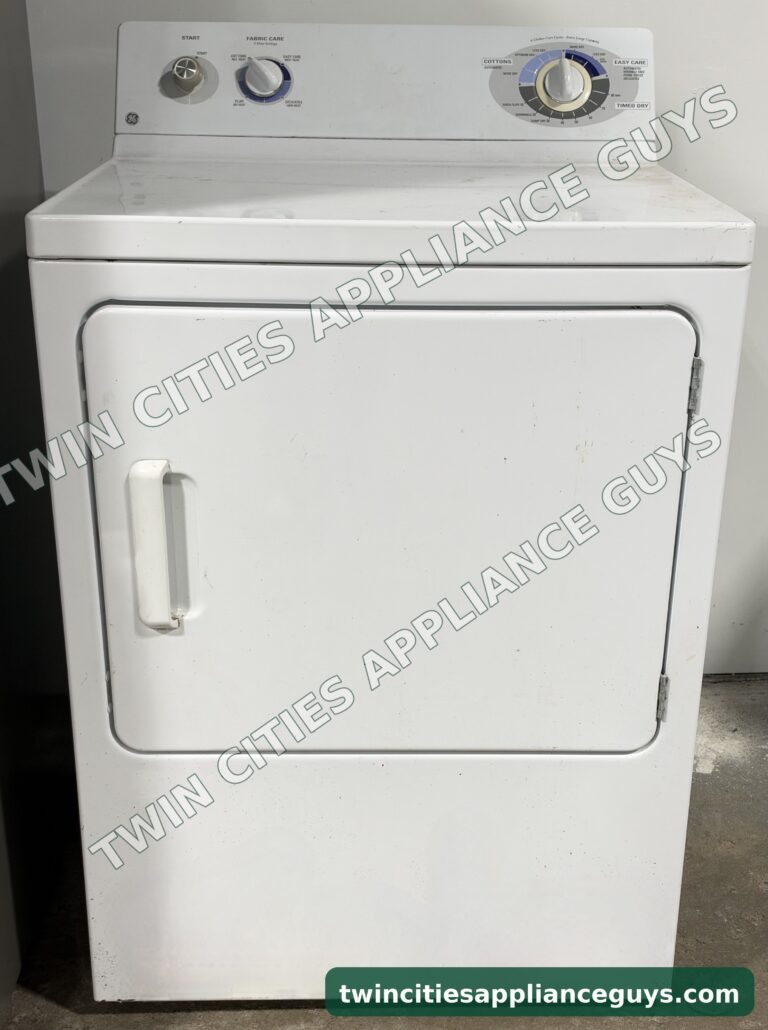 White GE electric dryer, front view with control panel and closed door