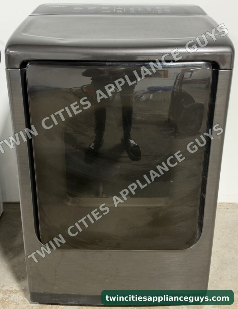Black stainless Samsung electric dryer, front view with the tinted door
