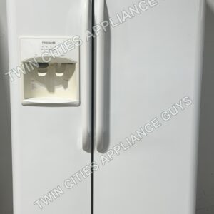 White Frigidaire side-by-side refrigerator front view with ice and water dispenser