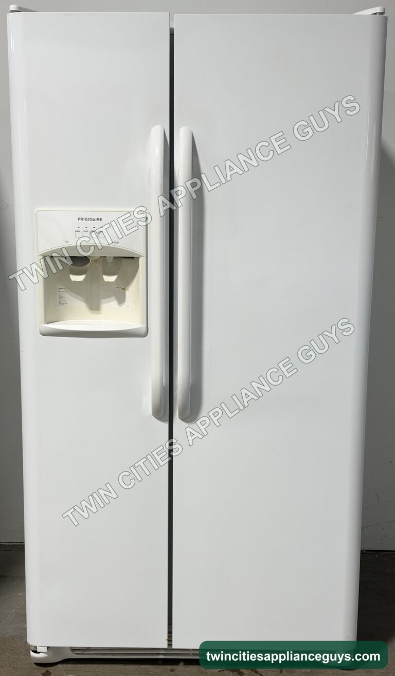 White Frigidaire side-by-side refrigerator front view with ice and water dispenser