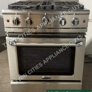 Stainless Capital pro-style gas range front view with four burners and oven door closed