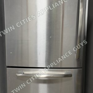 Stainless GE bottom-freezer refrigerator front view with the refrigerator door and freezer drawer closed