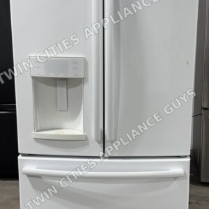 GE white French door refrigerator front view with doors closed, bottom freezer drawer and ice and water dispenser