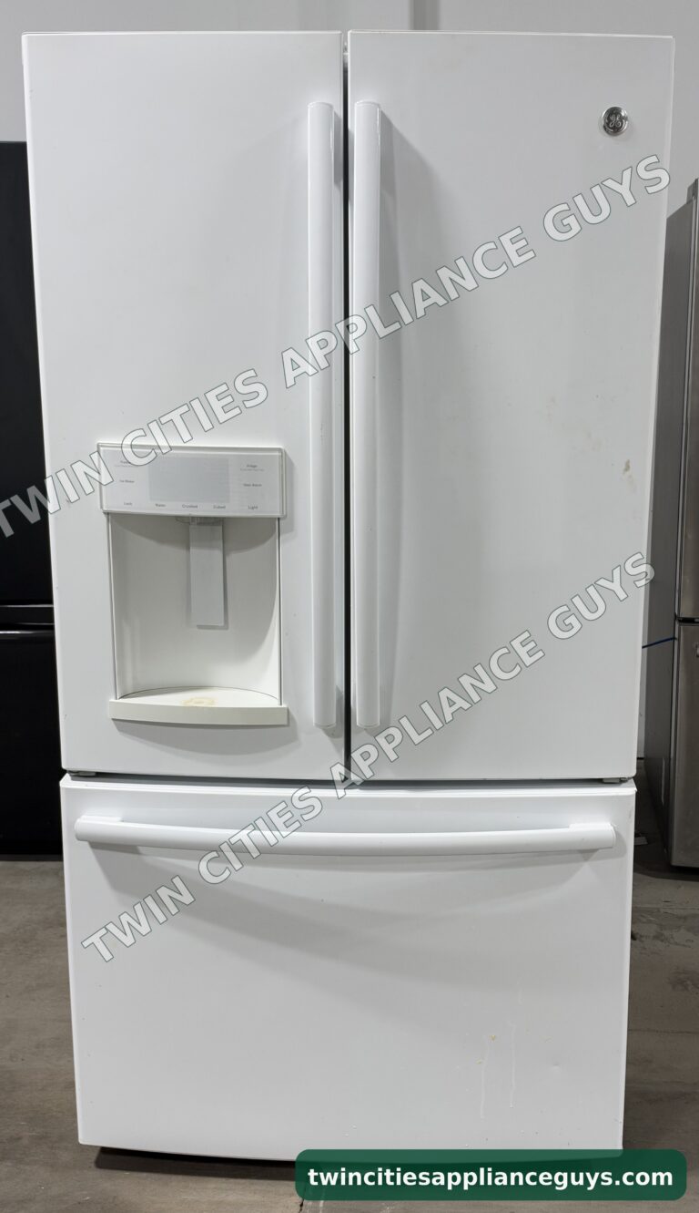 GE white French door refrigerator front view with doors closed, bottom freezer drawer and ice and water dispenser