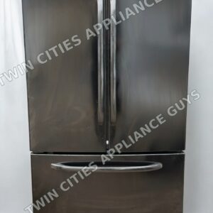 GE black French door refrigerator front view with doors closed and bottom freezer drawer