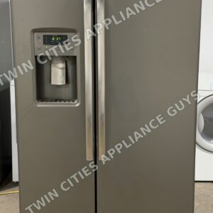 Slate GE side-by-side refrigerator, front view with external ice and water dispenser