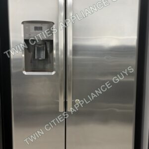 Stainless GE side-by-side refrigerator front view with doors closed and ice and water dispenser
