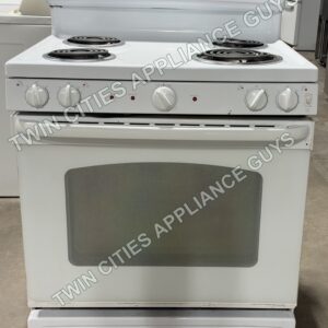 White GE electric range front view with coil cooktop, control knobs and oven door