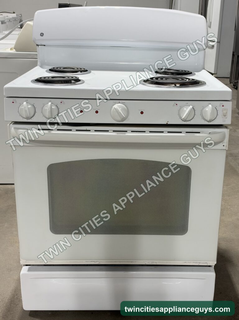 White GE electric range front view with coil cooktop, control knobs and oven door