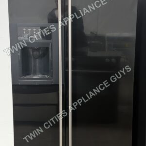 Black Jenn-Air side-by-side refrigerator front view with doors closed and ice and water dispenser