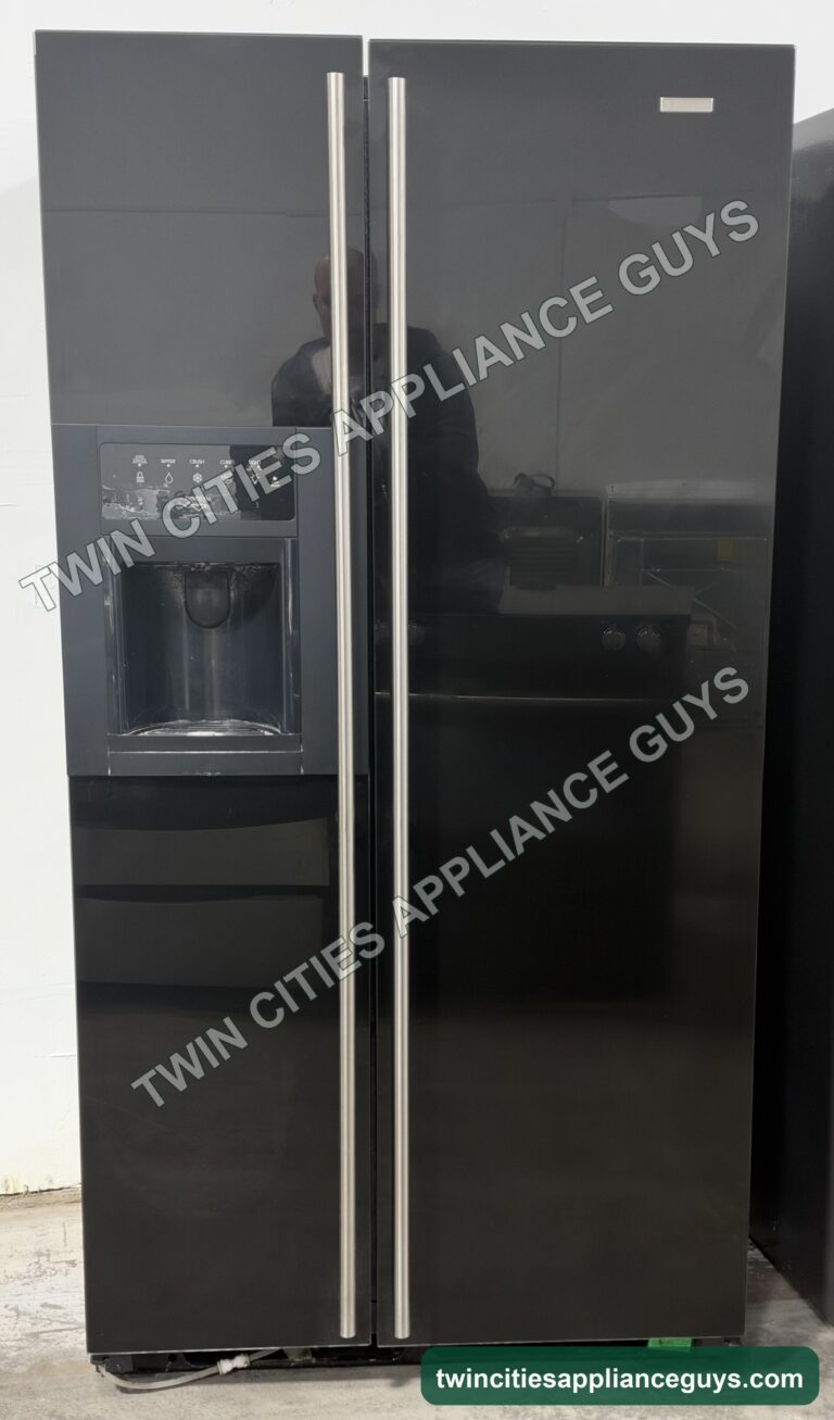 Black Jenn-Air side-by-side refrigerator front view with doors closed and ice and water dispenser