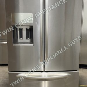 Stainless KitchenAid French door refrigerator, front view with external ice and water dispenser