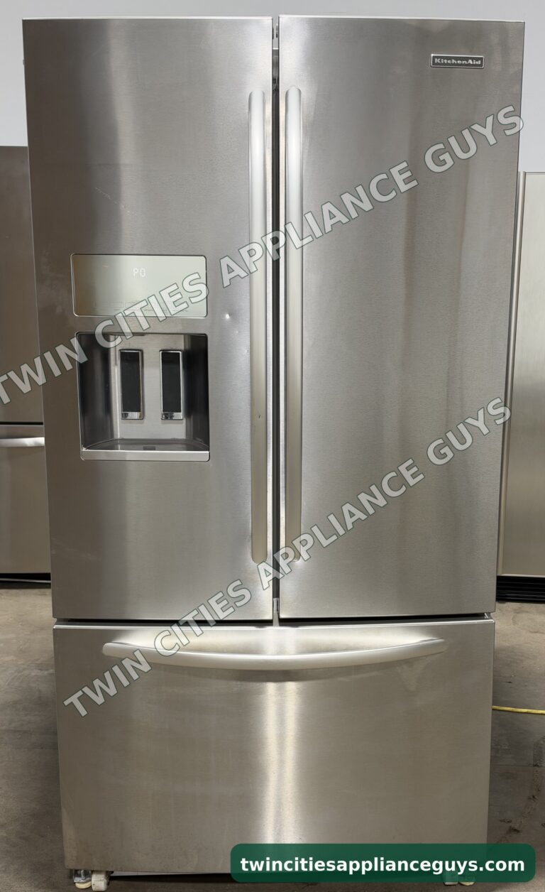 Stainless KitchenAid French door refrigerator, front view with external ice and water dispenser