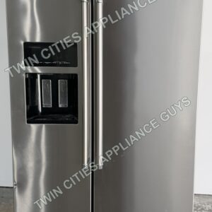 Stainless KitchenAid side-by-side refrigerator front view with doors closed and ice and water dispenser