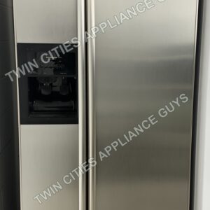 Stainless KitchenAid side-by-side refrigerator front view with doors closed and ice and water dispenser