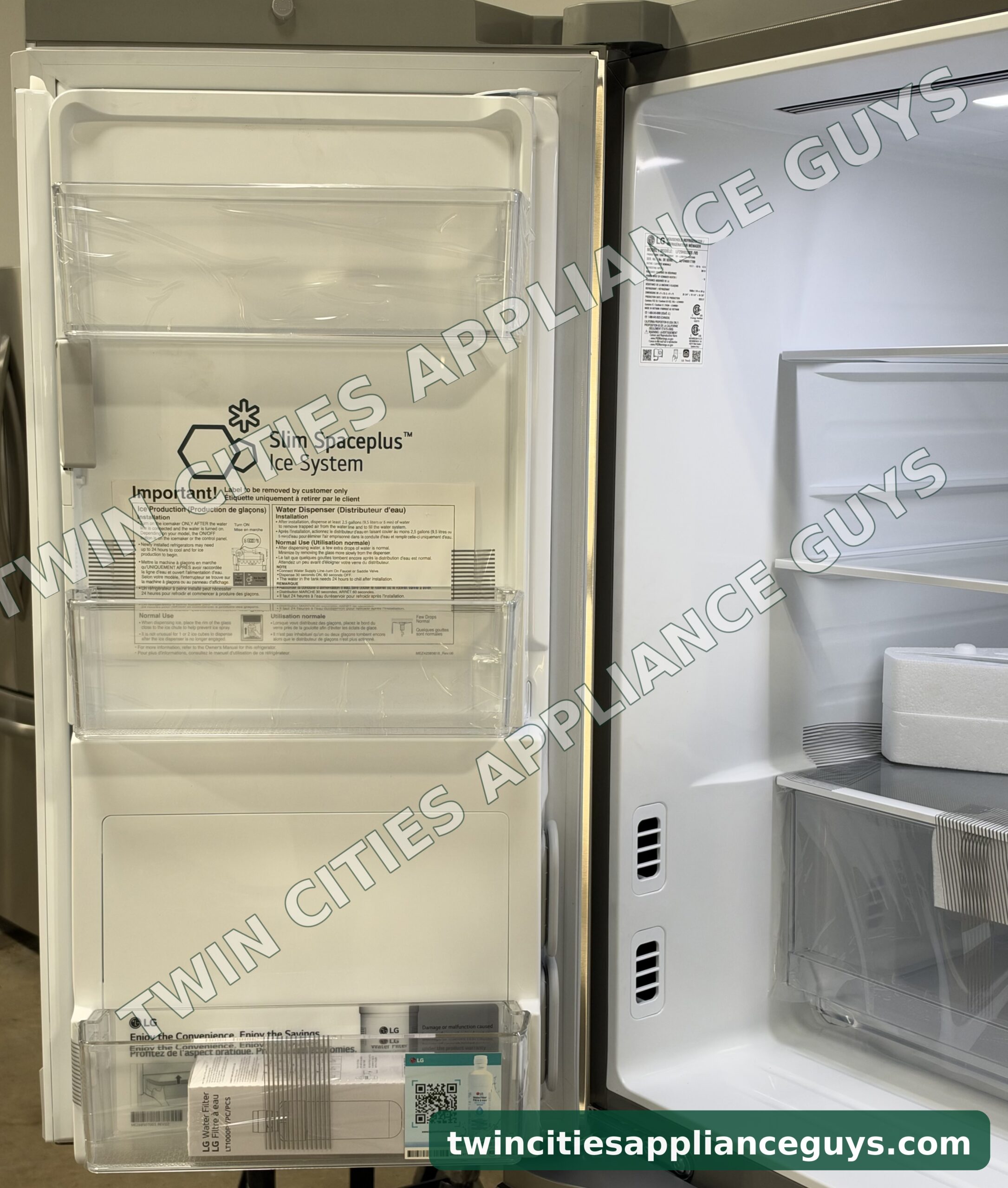 LG French door refrigerator left door interior showing the in-door ice system and door bins
