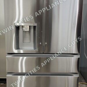 Stainless LG 4-door French door refrigerator front view with the ice and water dispenser