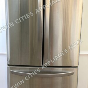 LG stainless steel French door refrigerator front view with doors closed