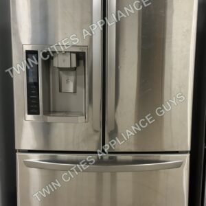 Stainless LG French door refrigerator front view with doors closed, bottom freezer drawer and ice and water dispenser