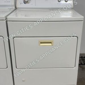 White Whirlpool gas dryer front view with the door closed and control panel